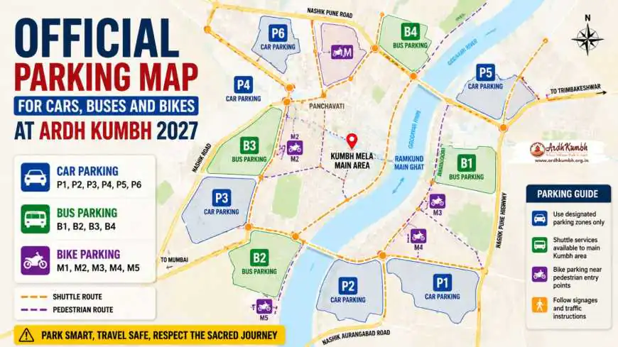 Official Parking Map for Cars, Buses and Bikes at Ardh Kumbh 2027